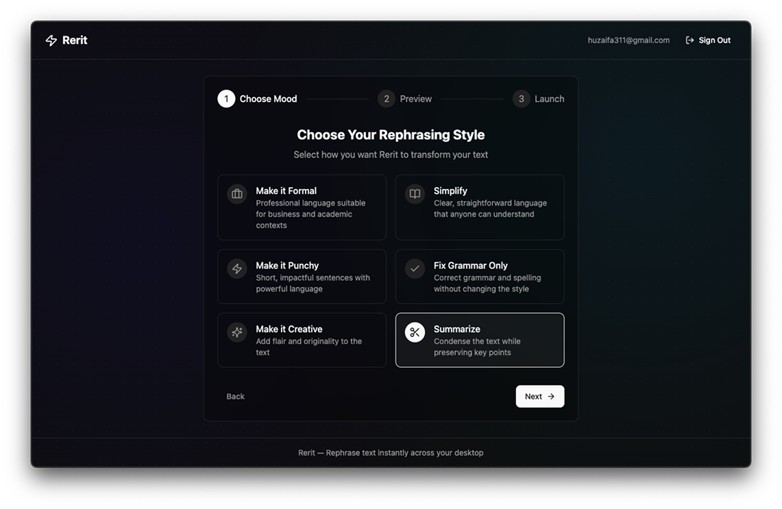 Rerit App Interface - Choose Mood, Preview, and Launch Flow